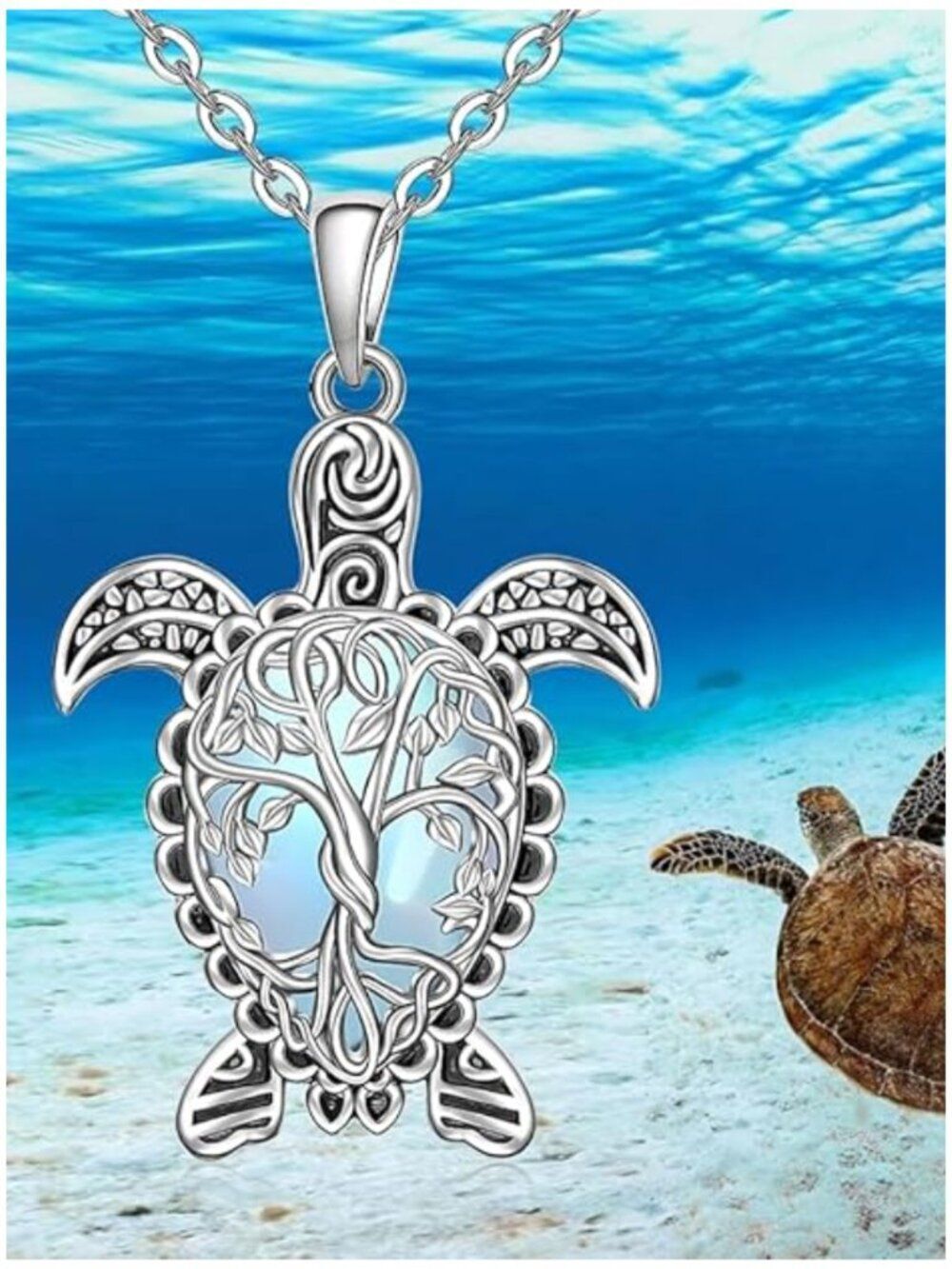 NWT Silver Zinc Alloy Faux Moonstone Tree of Life Sea Turtle Pendant Necklace